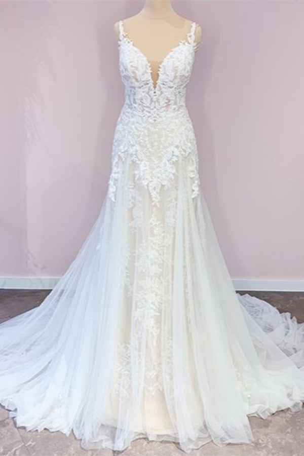 Stunning Long A-Line Tulle Sweetheart Appliques Lace Wedding Dress-BIZTUNNEL