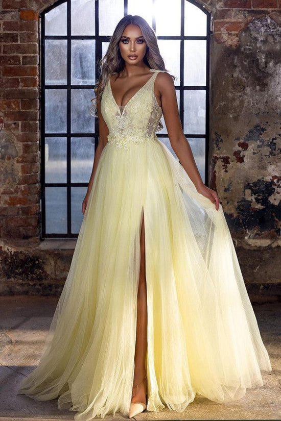 Stunning Long A-Line V-neck Appliques Lace Tulle Prom Dress With Slit-BIZTUNNEL