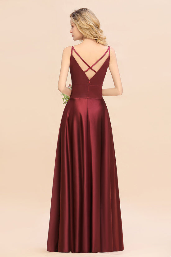 Stunning Long A-Line V-neck Spaghetti Straps Satin Bridesmaid Dress-BIZTUNNEL