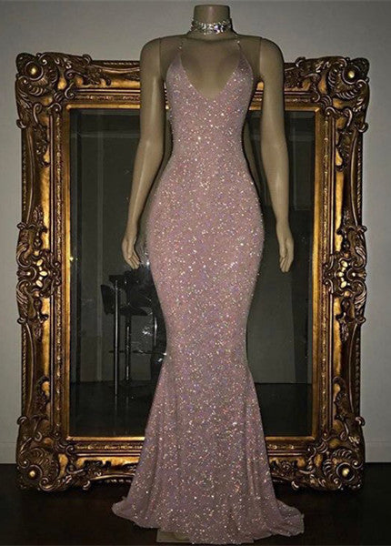 Stunning Long Halter Spaghetti Straps Sequined Mermaid Prom Dress-BIZTUNNEL