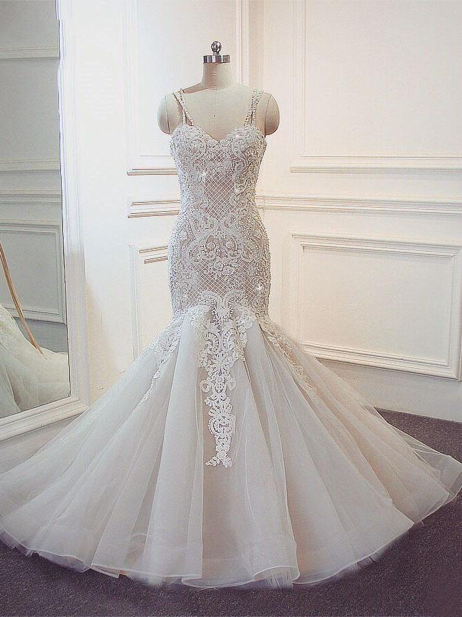 Stunning Long Mermaid Spaghetti Strap Lace Wedding Dresses-BIZTUNNEL