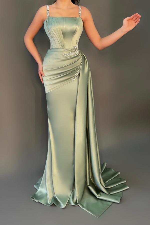 Stunning Long Mermaid Square Neck Satin Prom Dress with Side Sweep Train-BIZTUNNEL