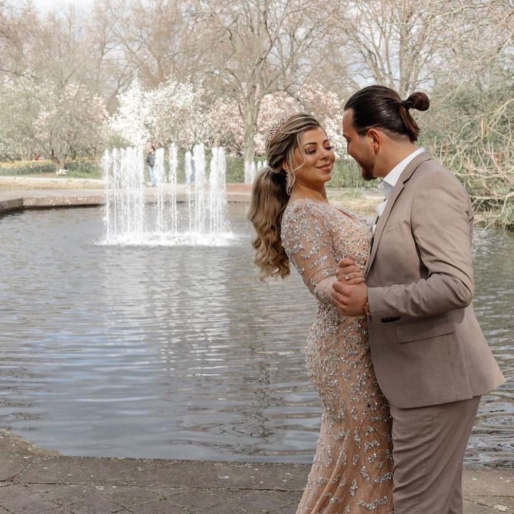 
                  
                    Stunning Long Mermaid V-neck Lace Front Slit Wedding Dress with Sleeves-BIZTUNNEL
                  
                