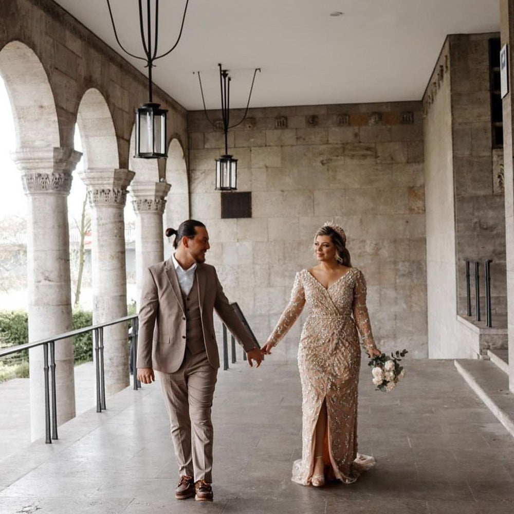 
                  
                    Stunning Long Mermaid V-neck Lace Front Slit Wedding Dress with Sleeves-BIZTUNNEL
                  
                