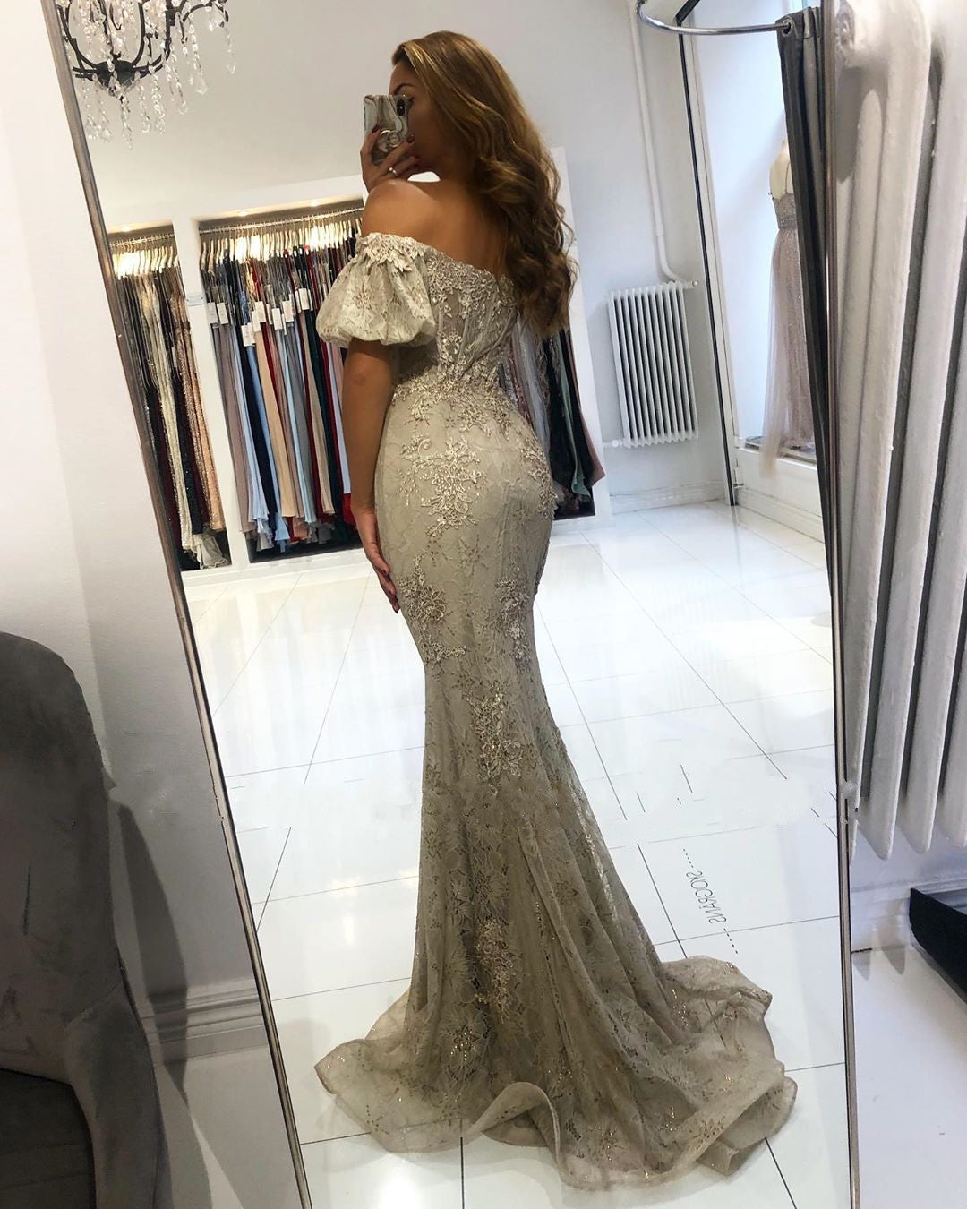 Stunning Long Off-the-shoulder Lace Mermaid Prom Dress with Puffy Sleeves-BIZTUNNEL