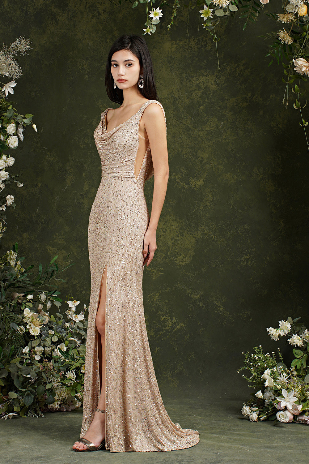 Stunning Long Sequins Open Back Scoop Neck Mermaid Bridesmaid Dress With Slit Stunning Long Sequins Open Back Scoop Neck Mermaid Bridesmaid Dress With Slit