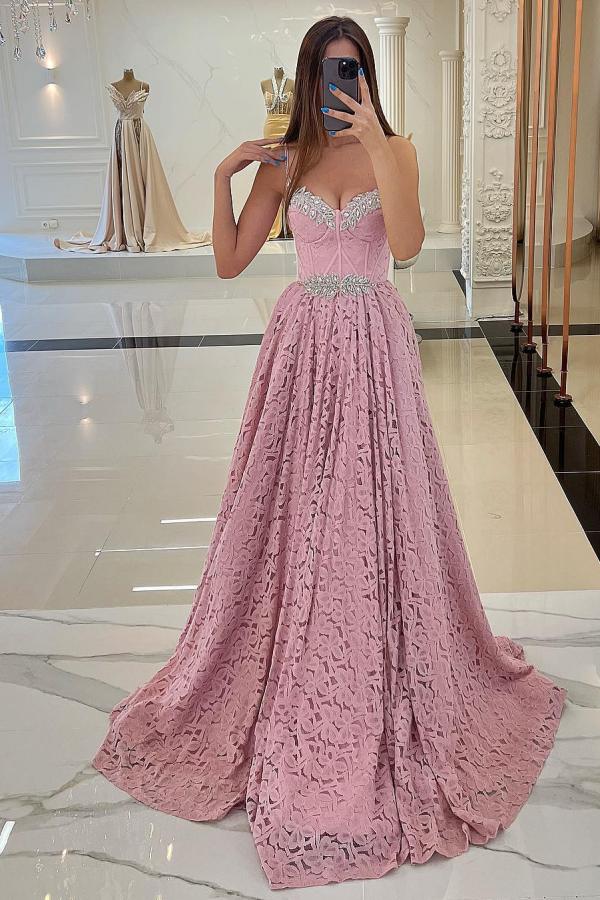 Stunning Pink Long A-line Sweetheart Beadings Lace Prom Dresses-BIZTUNNEL
