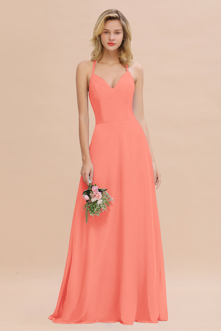 Stylish A Line Halter Neck/Spaghetti Straps Long Bridesmaid Dress with Ruffles main image 0