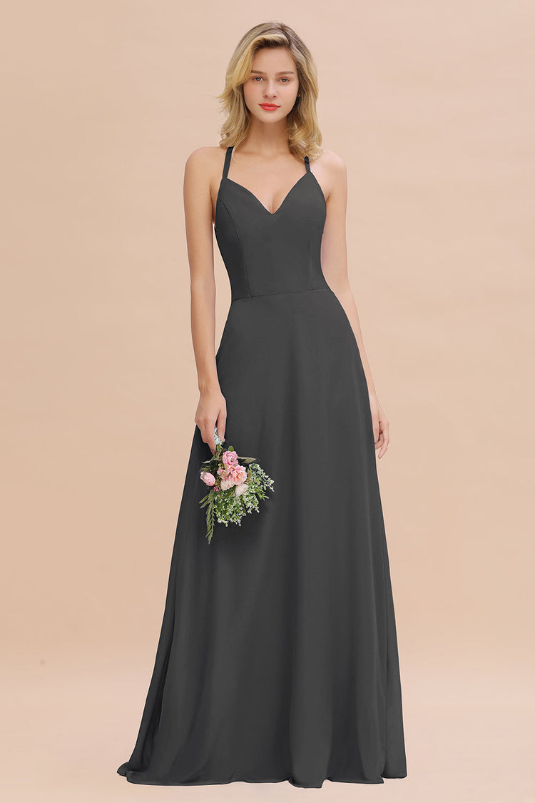 A Line Spaghetti Straps Tiered Chiffon Bridesmaid Dress With Slit main image 0