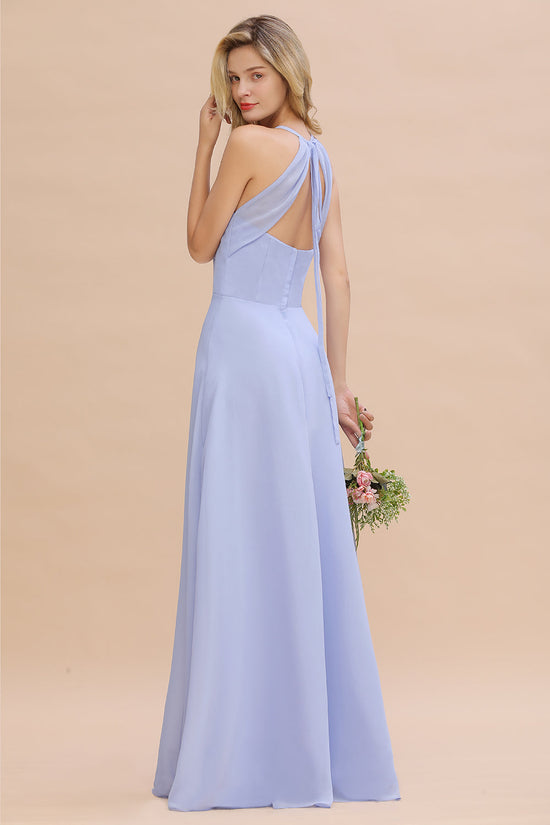 A-Line Cami Strap Chiffon Bridesmaid Dress With Slit in Steel Blue main image 1