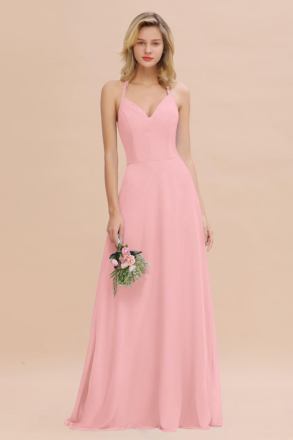 Unique Floral Chiffon Spaghetti Straps Long Bridesmaid Dresses Online