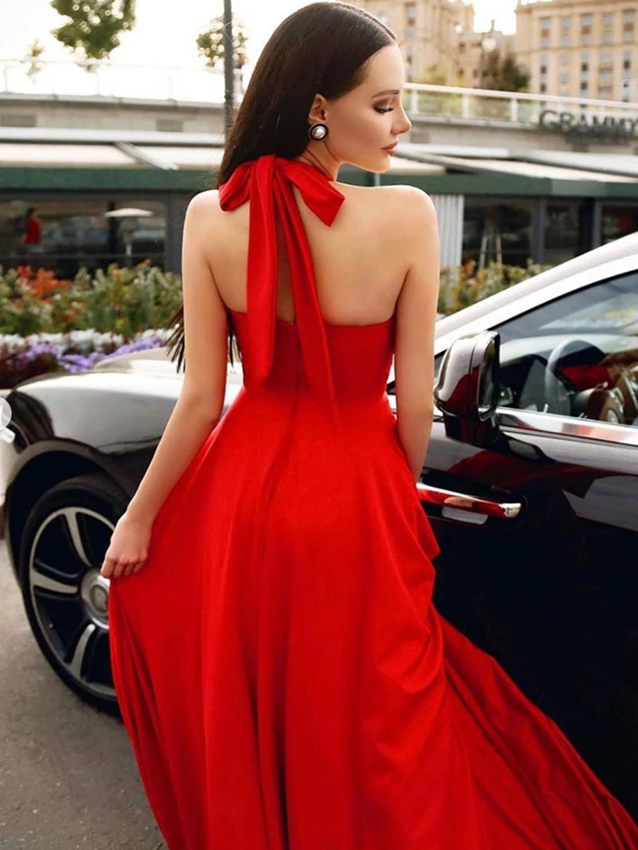 Stylish A-line Halter Red Long Prom Formal Dresses with Pockets-BIZTUNNEL