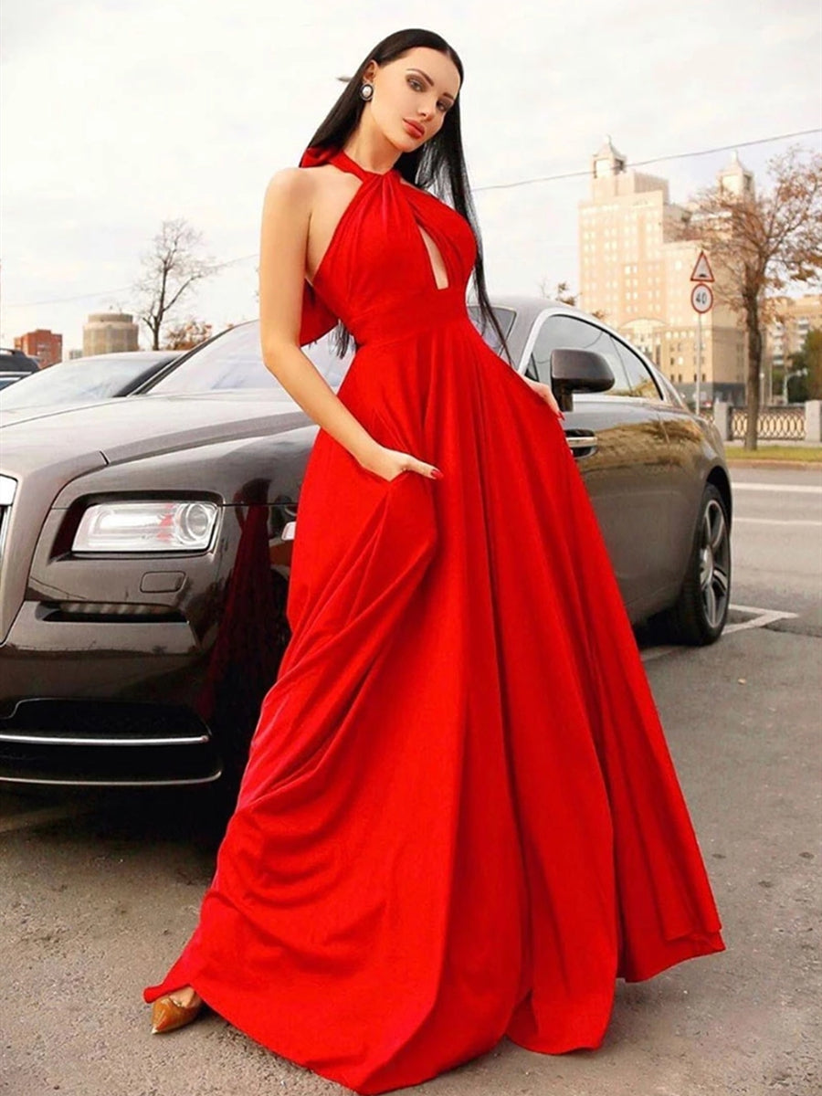 Stylish A-line Halter Red Long Prom Formal Dresses with Pockets-BIZTUNNEL