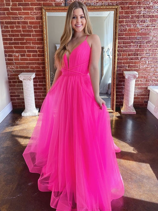 Stylish A-line V Neck Backless Tulle Long Prom Dresses Open Back Formal Graduation Evening Gowns-BIZTUNNEL