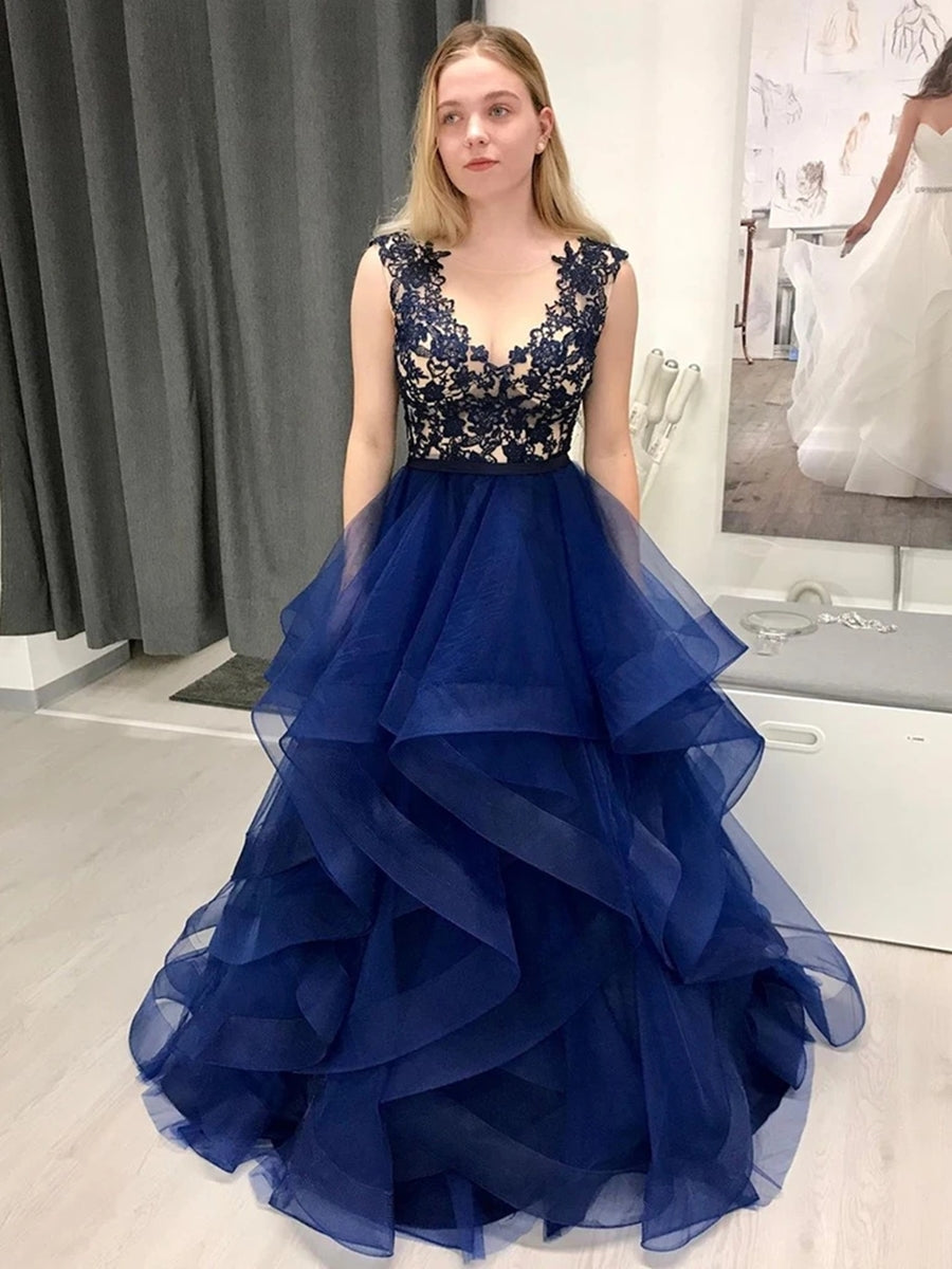 Stylish A-line V-neck Lace Fluffy Tulle Long Prom Formal Dresses-BIZTUNNEL