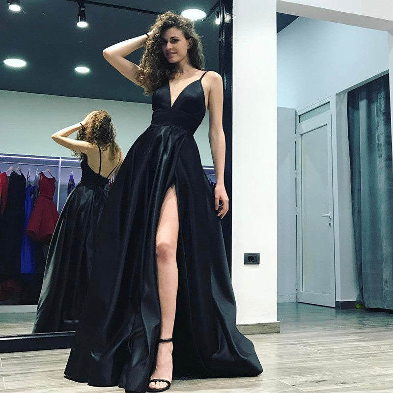 Stylish A-Line V-neck Satin Long Black Prom Dress With Slit-BIZTUNNEL