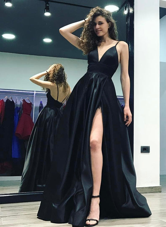 Load image into Gallery viewer, Stylish A-Line V-neck Satin Long Black Prom Dress With Slit-BIZTUNNEL
