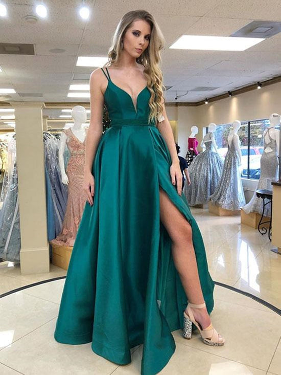 Stylish A-line V Neck Satin Long Prom Dresses with High Slit-BIZTUNNEL