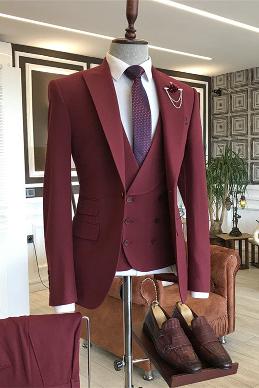 Ford Stylish Burgundy Peaked Lapel Three Pieces Prom Suits