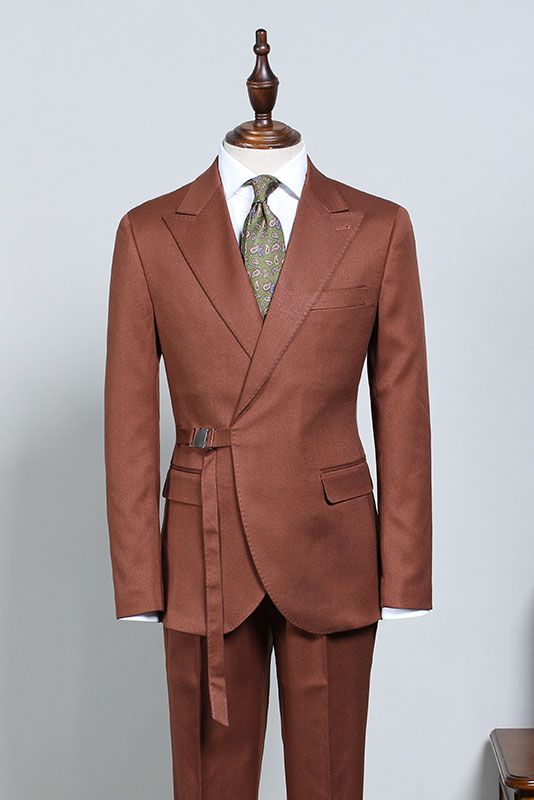 David Stylish Caramel With Adjustable Belt Slim Fit Business Suit For Men