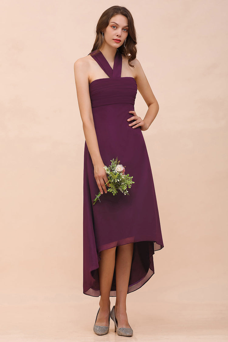 Beautiful Wine Red Chiffon Halter High Low Bridesmaid Dress , Homecoming Dress