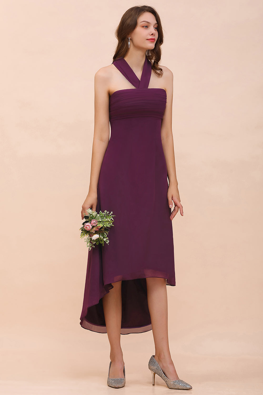 Long Halter Chiffon Dresses of Bridesmaid Grape