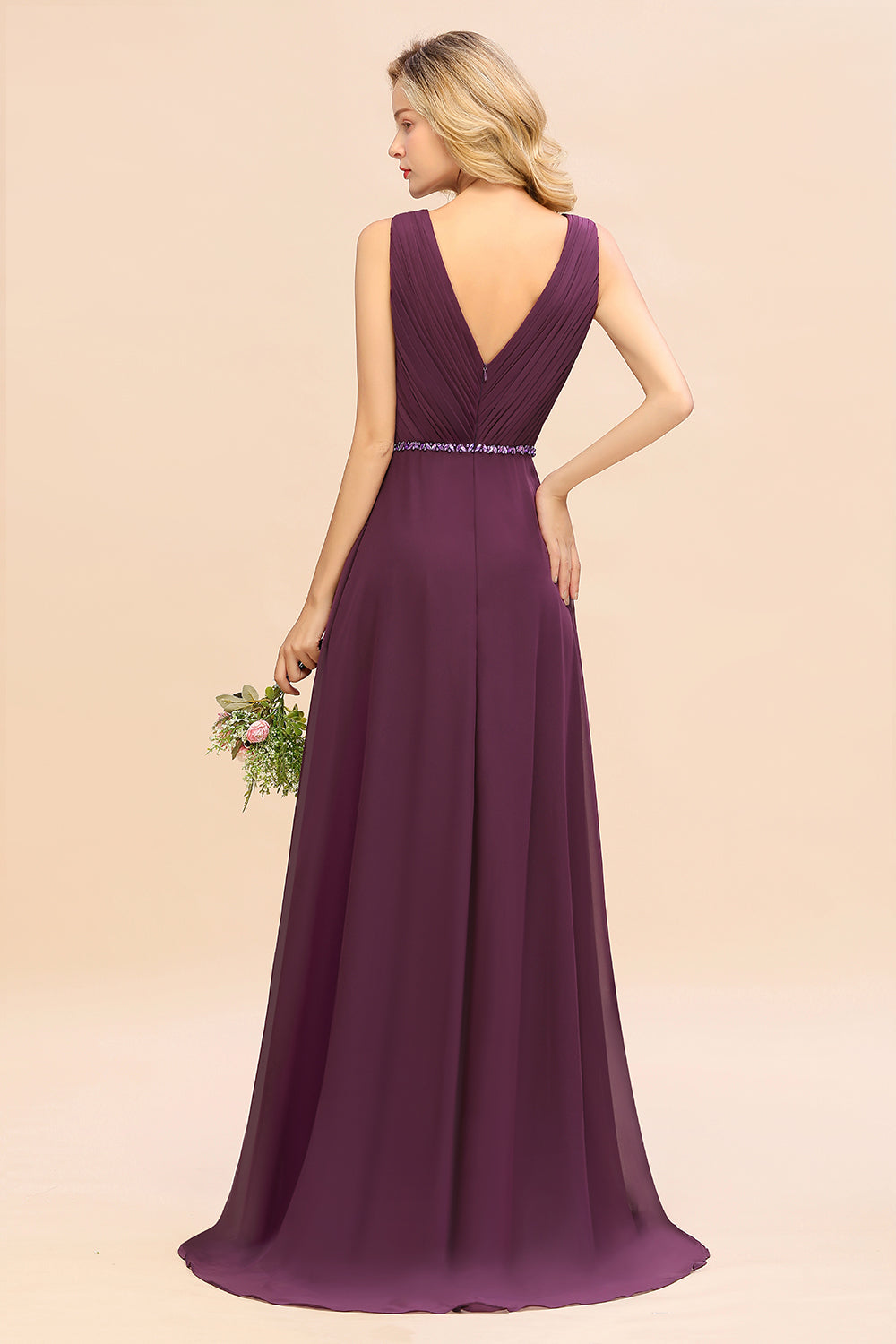 Stylish High Low A-Line Deep V-neck Backless Chiffon Bridesmaid Dress-BIZTUNNEL