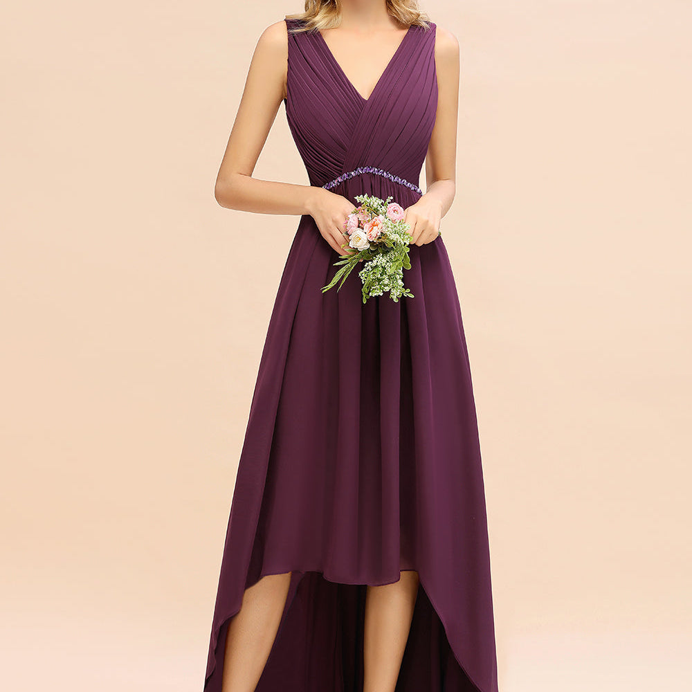 Stylish High Low A-Line Deep V-neck Backless Chiffon Bridesmaid Dress Stylish High Low A-Line Deep V-neck Backless Chiffon Bridesmaid Dress