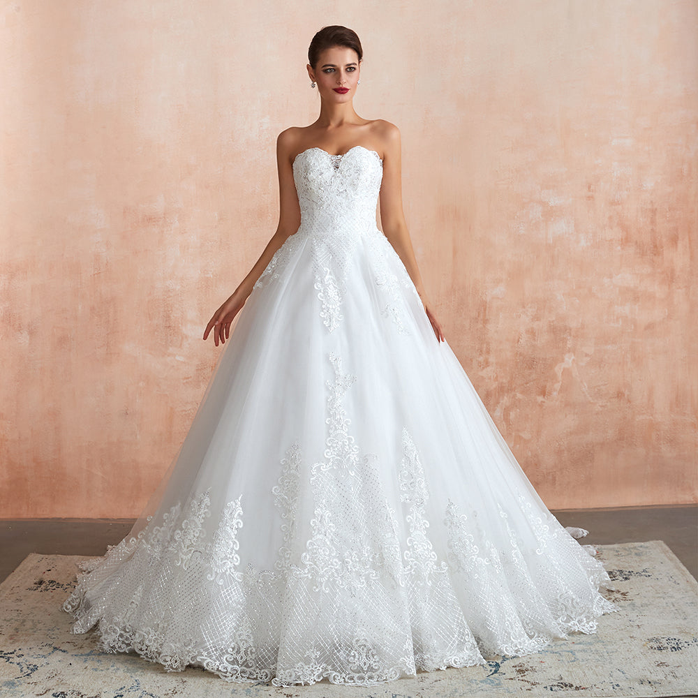Stylish Long A-line Strapless Appliques Tulle Wedding Dress-BIZTUNNEL