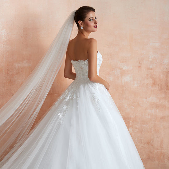 Stylish Long A-line Strapless Appliques Tulle Wedding Dress-BIZTUNNEL