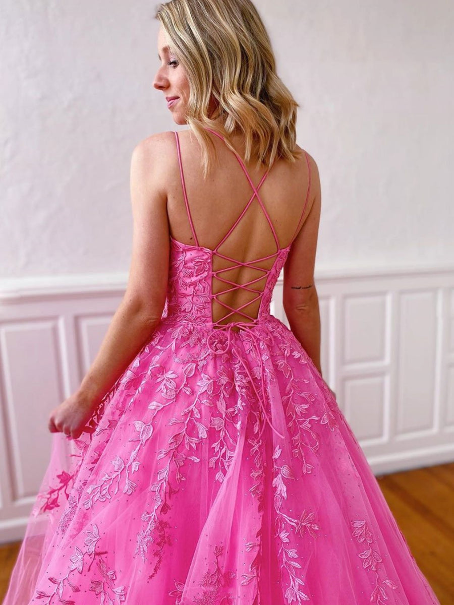 Stylish Long A-line Strapless Spaghetti Straps Tulle Lace Backless Formal Graduation Prom Dresses-BIZTUNNEL