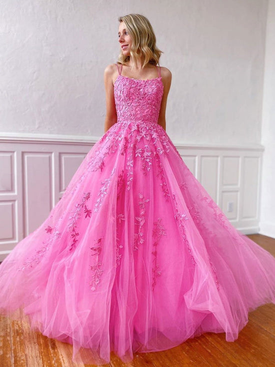 Stylish Long A-line Strapless Spaghetti Straps Tulle Lace Backless Formal Graduation Prom Dresses-BIZTUNNEL