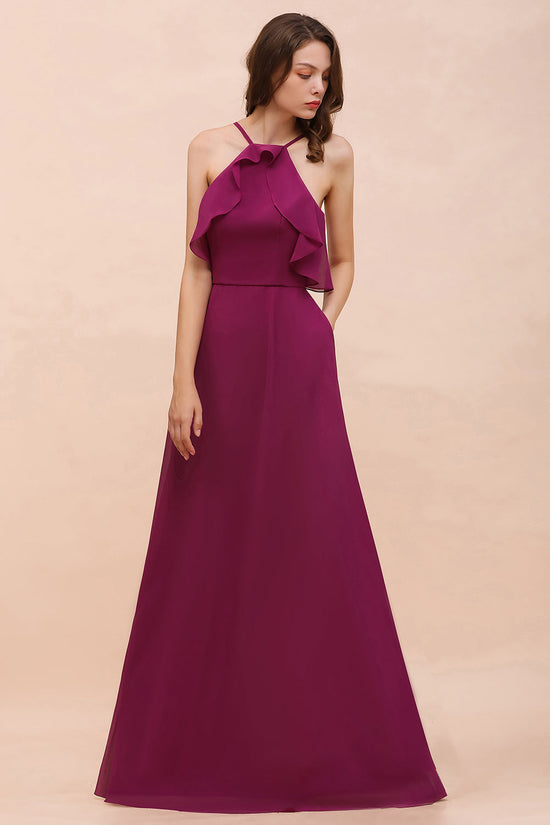 Stylish Mulberry A-line Chiffon Halter Long Bridesmaid Dress with Pockets-BIZTUNNEL