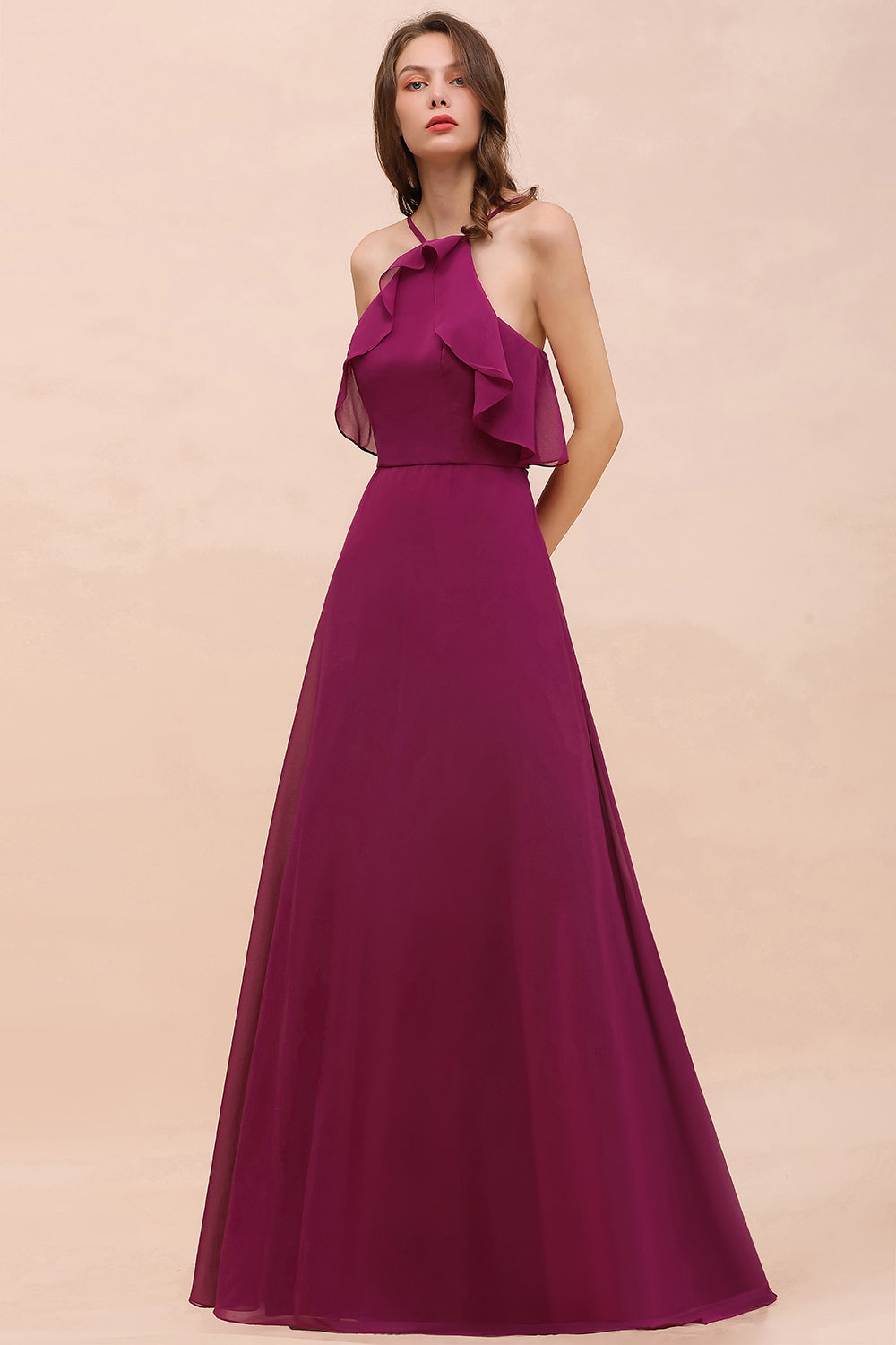 Stylish Mulberry A-line Chiffon Halter Long Bridesmaid Dress with Pockets Stylish Mulberry A-line Chiffon Halter Long Bridesmaid Dress with Pockets