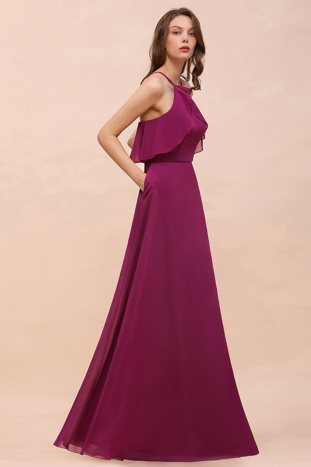 Stylish Mulberry A-line Chiffon Halter Long Bridesmaid Dress with Pockets