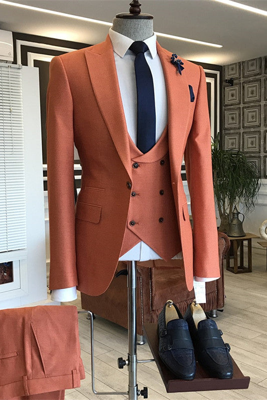 Chasel Stylish Orange Peaked Lapel Three Pieces Prom Suits For Men