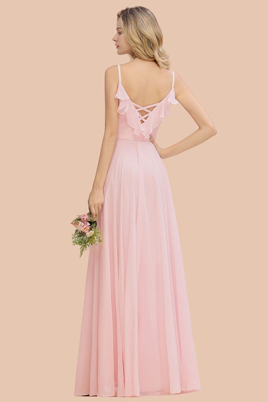 Charger l&amp;#39;image dans la galerie, Stylish Pink Long V-neck A-line Chiffon Open Back Bridesmaid Dress-BIZTUNNEL
