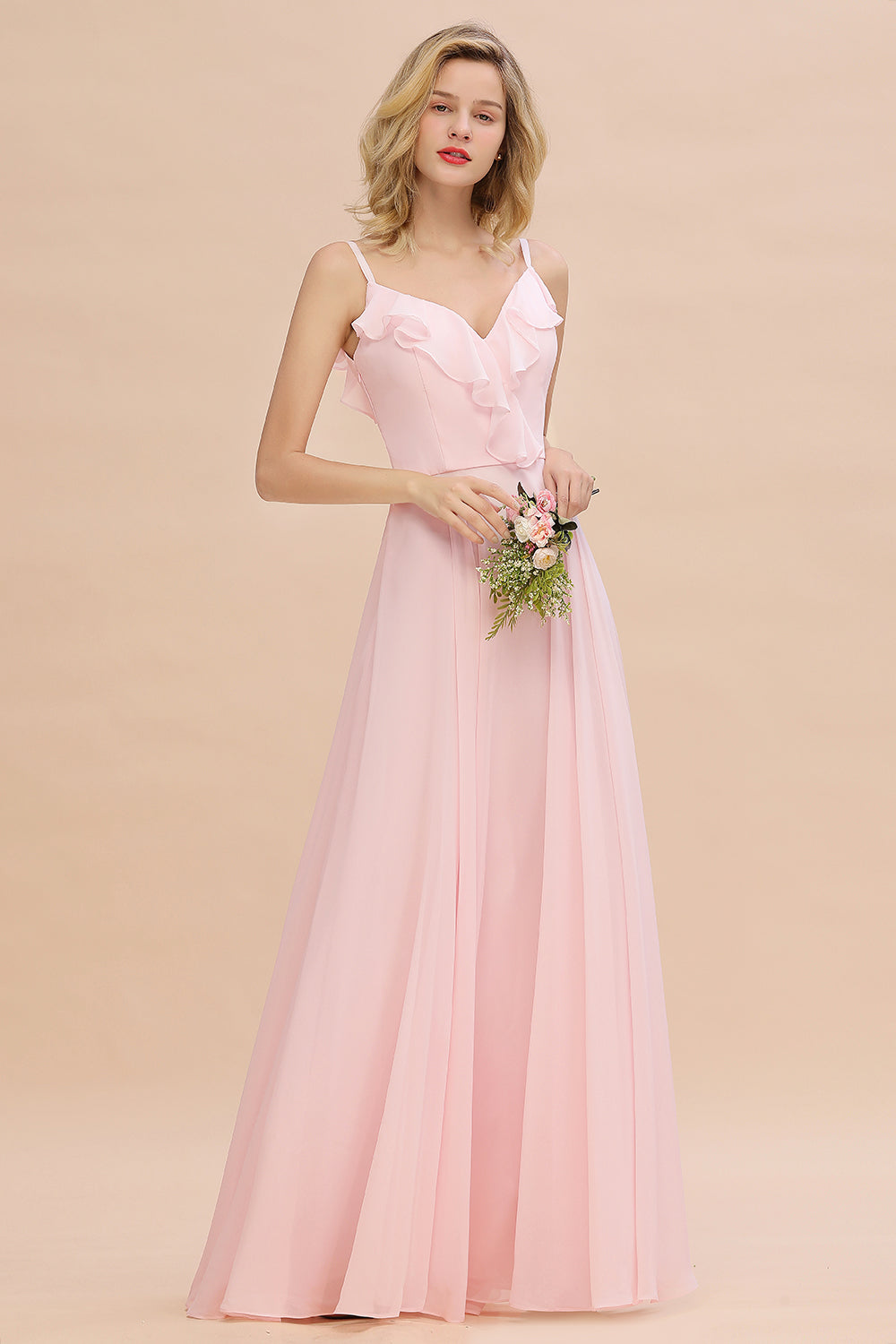 Stylish Pink Long V-neck A-line Chiffon Open Back Bridesmaid Dress