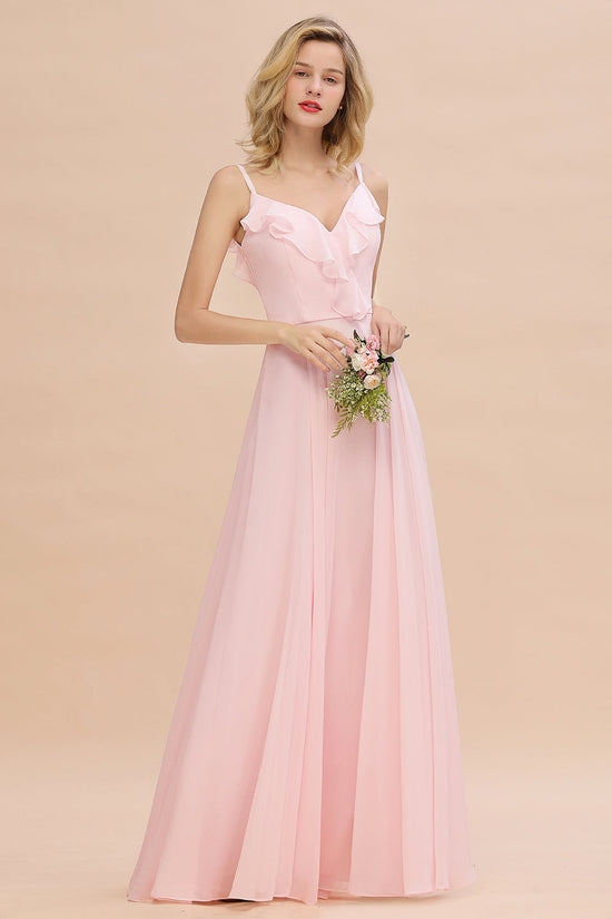 Stylish Pink Long V-neck A-line Chiffon Open Back Bridesmaid Dress-BIZTUNNEL