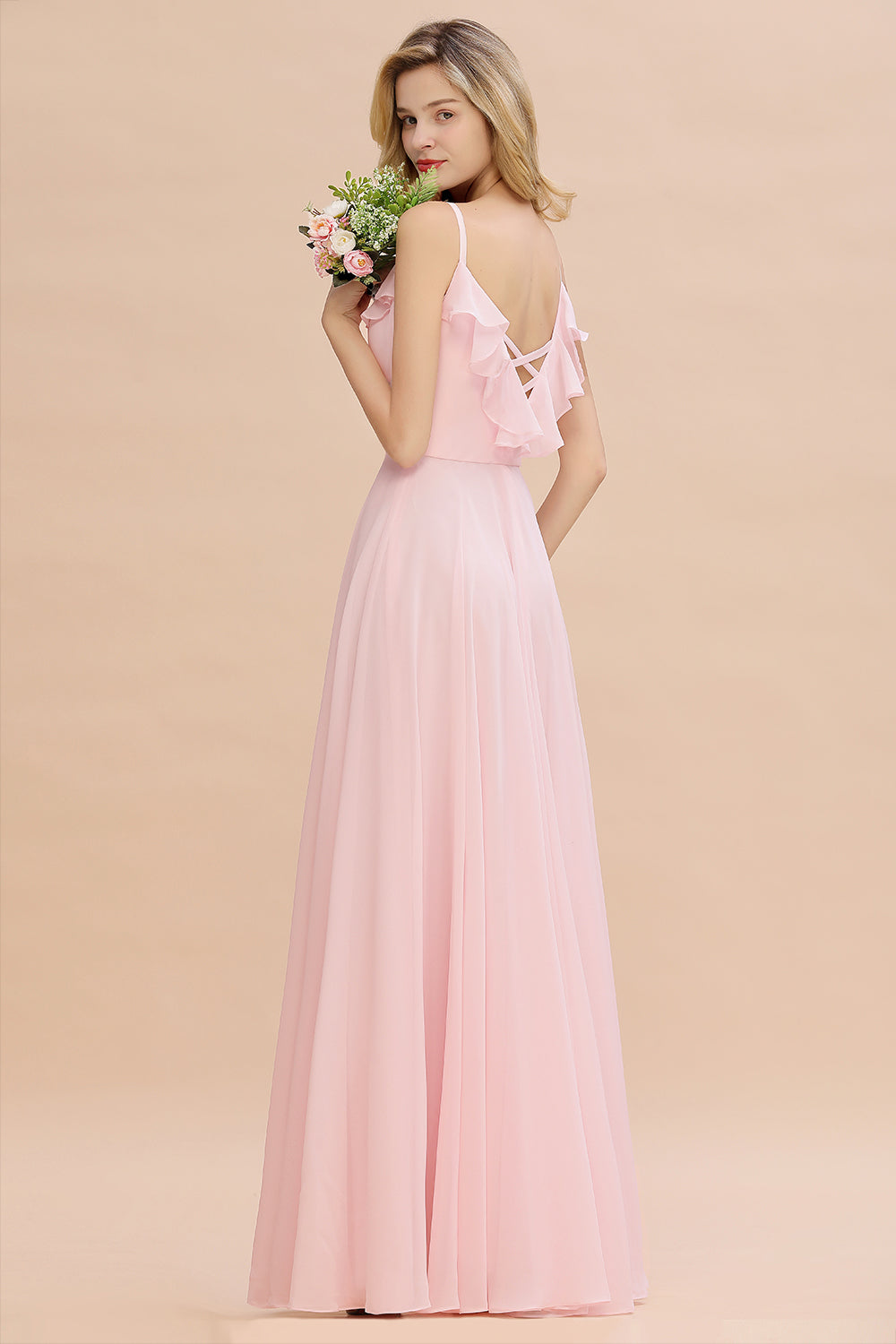 Load image into Gallery viewer, Stylish Pink Long V-neck A-line Chiffon Open Back Bridesmaid Dress-BIZTUNNEL
