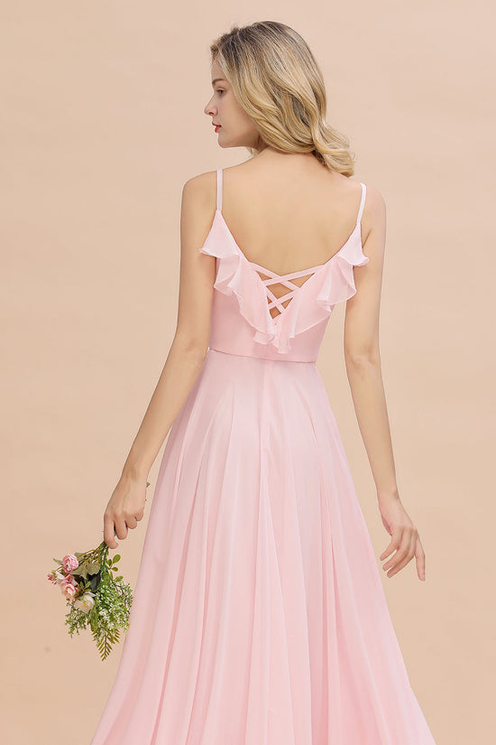 Charger l&amp;#39;image dans la galerie, Stylish Pink Long V-neck A-line Chiffon Open Back Bridesmaid Dress-BIZTUNNEL
