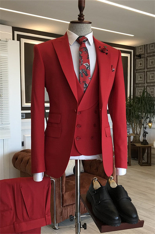 Eric Stylish Red Peaked Lapel Three Pieces Prom Suits