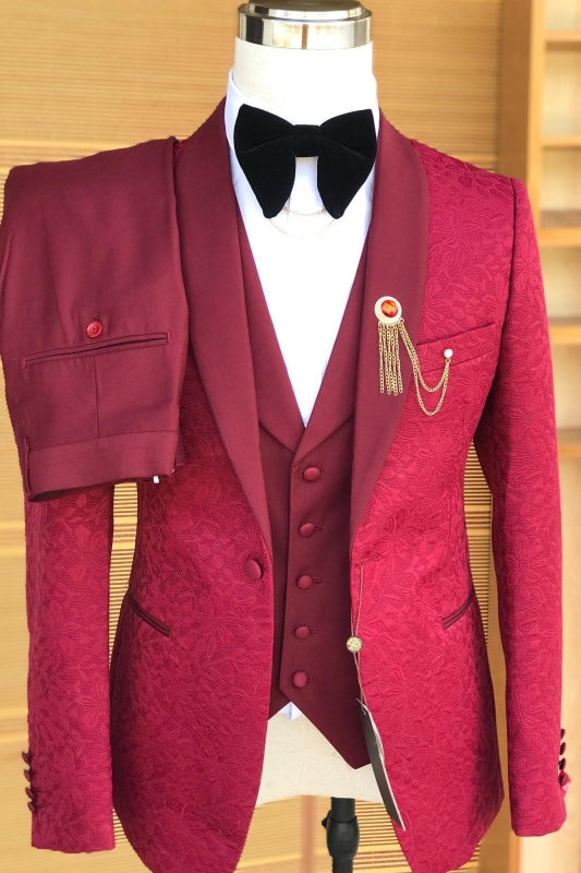 Cameron Stylish Red Shawl Lapel Three Pieces Jacquard Wedding Suits