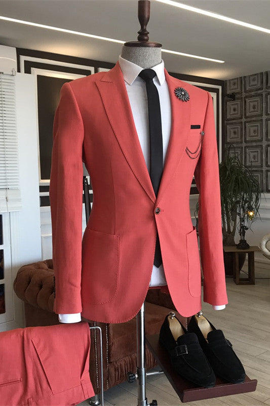 Frank Stylish Rose Red Peaked Lapel Two Pieces Prom Suits