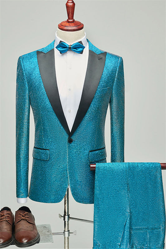 Paddy Fancy Teal Blue Sequins Peaked Lapel Two Pieces Prom Suits