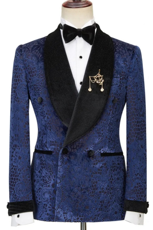 Theobald Navy Blue Jacquard Double Breasted Wedding Suits With Black Velvet Lapel