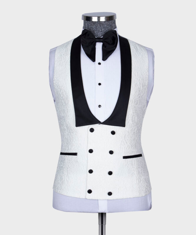 
                  
                    Thomas Bespoke White Jacquard Three Pieces Wedding Suits With Black Shawl Lapel
                  
                