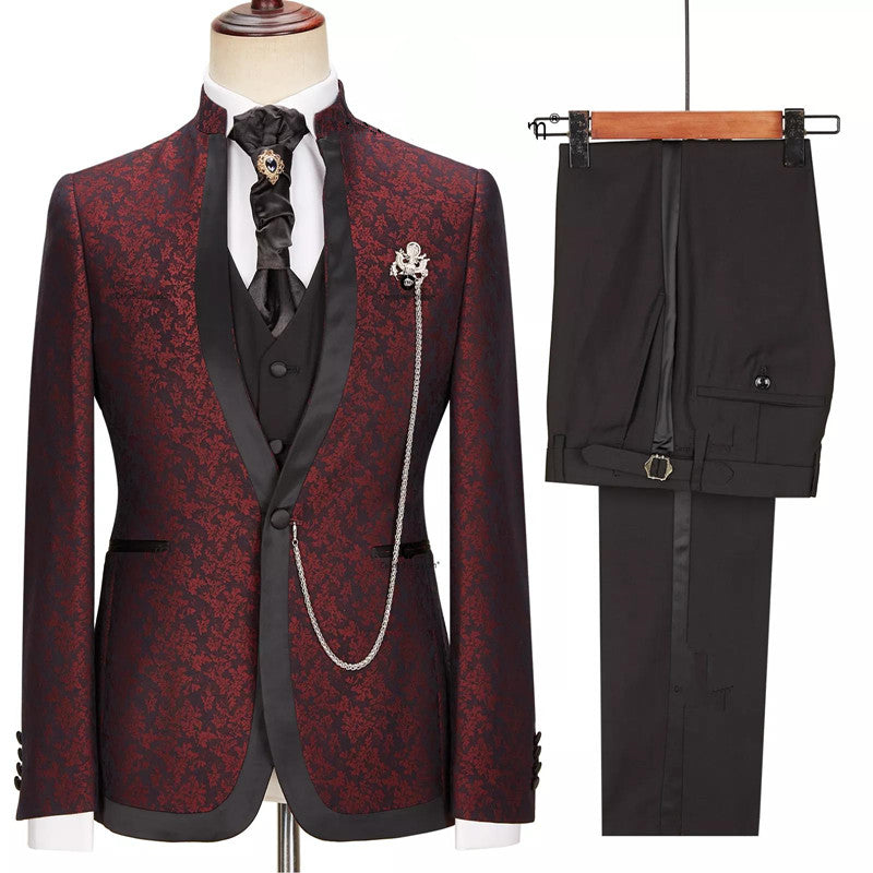 
                  
                    Timothy Burgundy Jacquard One Button Stylish 3-Pieces Wedding Suits With Sepcial Lapel
                  
                