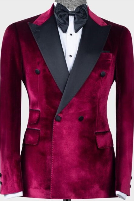 Toby Fancy Wine Velvet Peaked Lapel Double Breasted Prom Suits