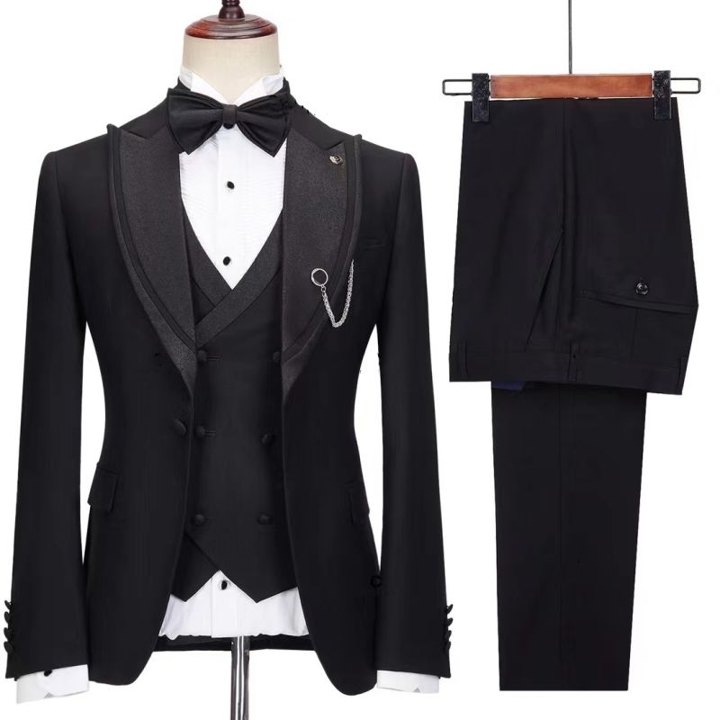 
                  
                    Trendy Black Bespoke Peaked Lapel Three Pieces Wedding Suits
                  
                
